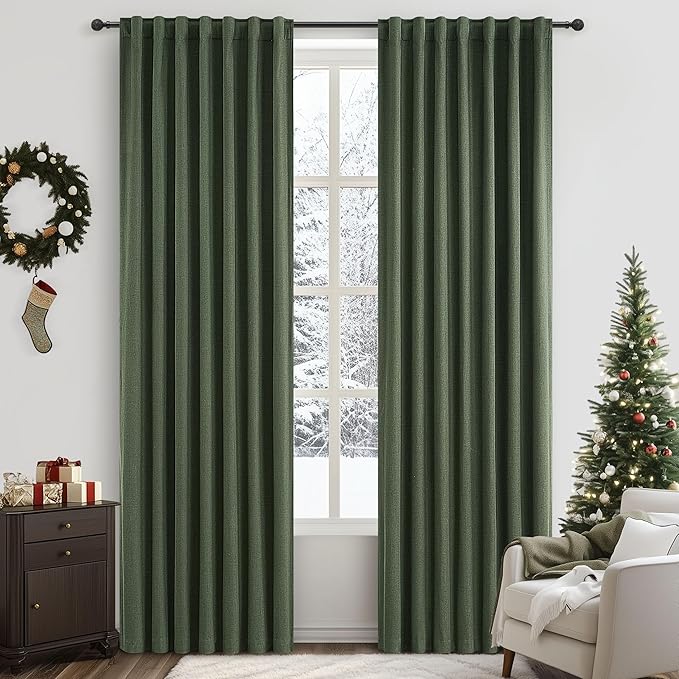 Elegant Blackout Curtains for Living Room Dark Olive Green Linen Blended Closet - Image 2