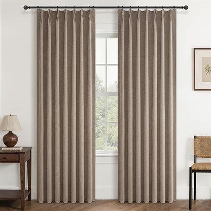 Dark Flax Living Room Curtains 84 Inches Long, Tan Pinch Pleated Linen Window by QJMYDECO