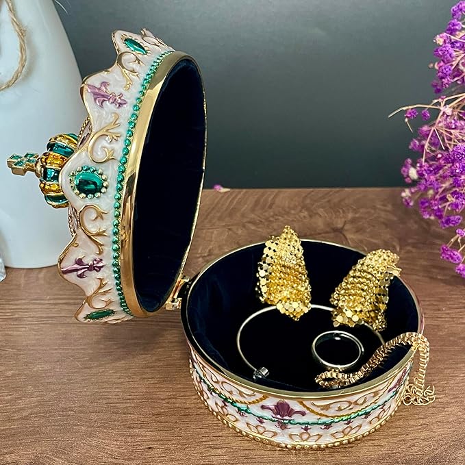Crown Shape Jewelry Chest, Yurt Style Vintage Metal Gem Box, Round Alloy Retro - Image 3