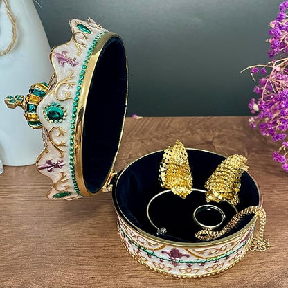 Crown Shape Jewelry Chest, Yurt Style Vintage Metal Gem Box, Round Alloy Retro - Image 3
