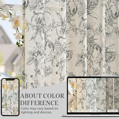 jinchan Floral Curtains 96 Inches Long Black Flower Linen Farmhouse Curtain - Image 6