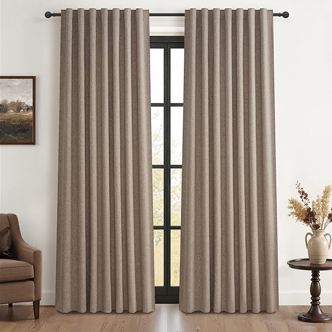 Dark Flax 100% Blackout Curtains 84 Inch Length 2 Panels Set Farmhouse Style by QJMYDECO