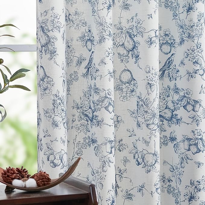 jinchan Linen Floral Curtains for Living Room 96 Inch Length Blue Printed by JINCHAN
