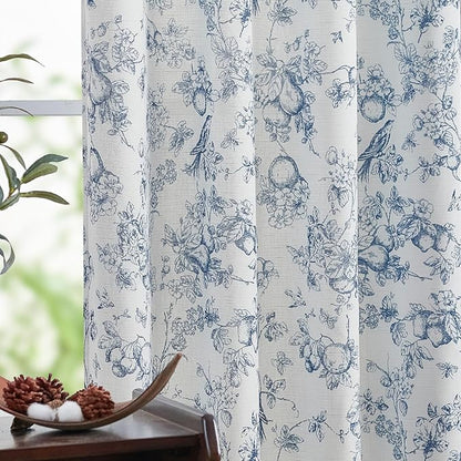 jinchan Linen Floral Curtains for Living Room 63 Inch Length Blue Printed by JINCHAN
