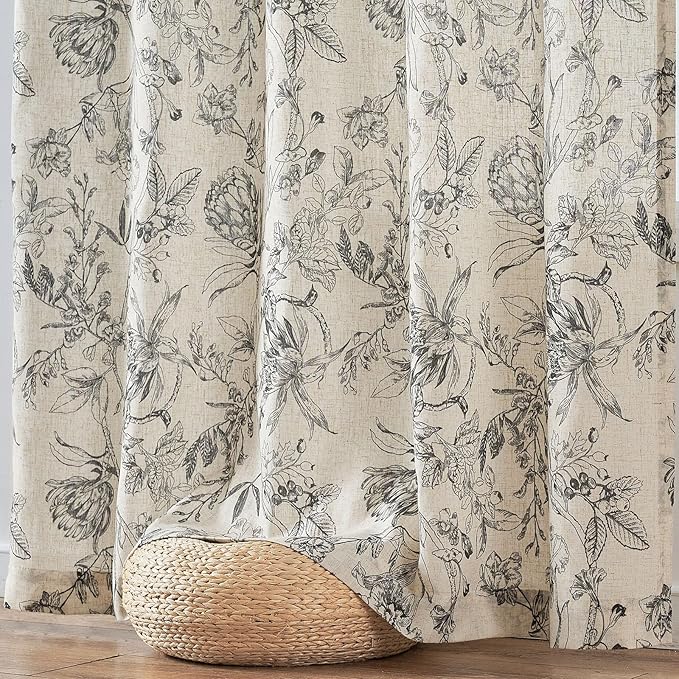 jinchan Floral Curtains 84 Inches Long Black Flower Linen Farmhouse Curtain - Image 7