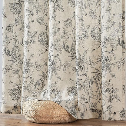 jinchan Floral Curtains 96 Inches Long Black Flower Linen Farmhouse Curtain - Image 7