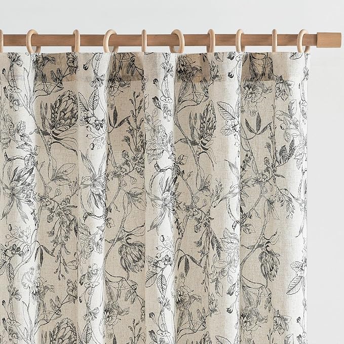 jinchan Floral Curtains 96 Inches Long Black Flower Linen Farmhouse Curtain by JINCHAN