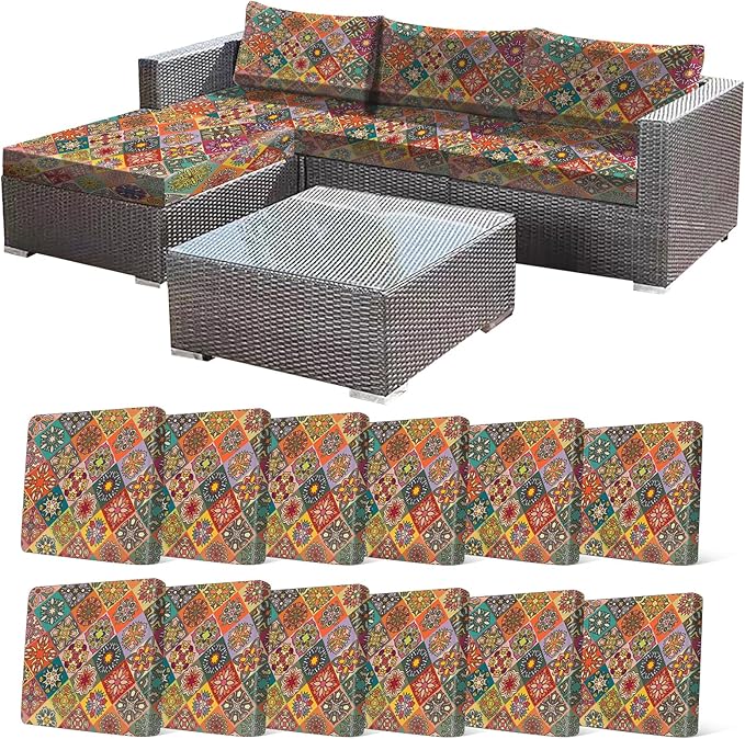 12Pcs Stretch Patio Cushion Cover, Bohemian Colored Geometric Pattern Couch by CALBODE