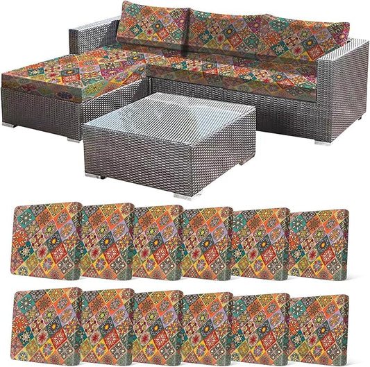 12Pcs Stretch Patio Cushion Cover, Bohemian Colored Geometric Pattern Couch by CALBODE