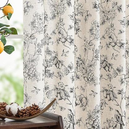 jinchan Linen Floral Curtains for Living Room 96 Inch Length Black Printed by JINCHAN
