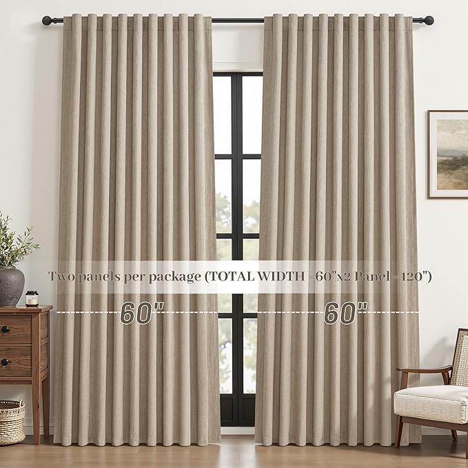 Blackout Curtains 60 Inches Extra Wide Grey Beige Linen Curtains 84 Inch Length - Image 8