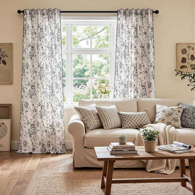 JINCHAN Linen Blend Floral Curtains French Country Curtain - Image 3