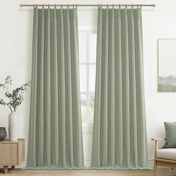 Sage Green Blackout Linen Curtains 96 Inches Long by QJMYDECO