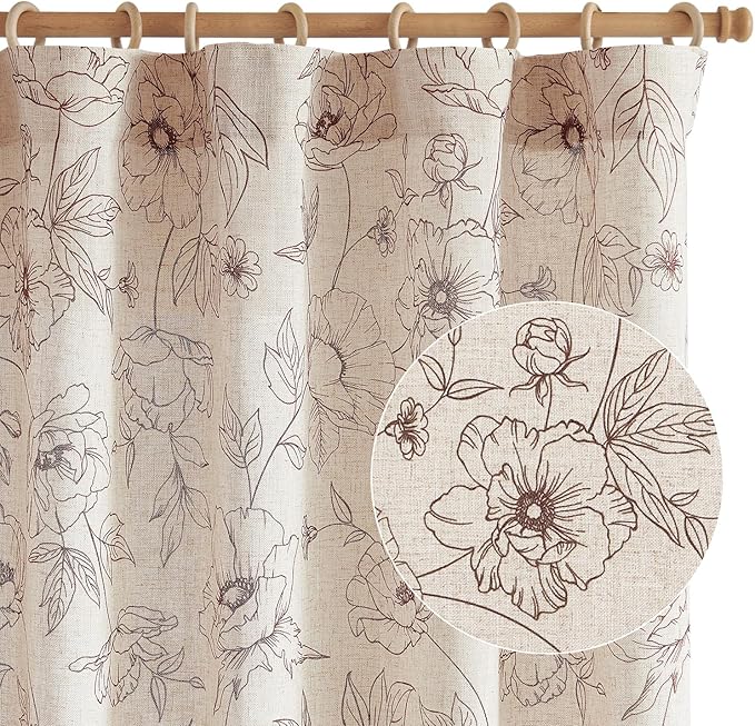 jinchan Floral Linen Curtains for Living Room 63 Inch Length Brown Flower - Image 8