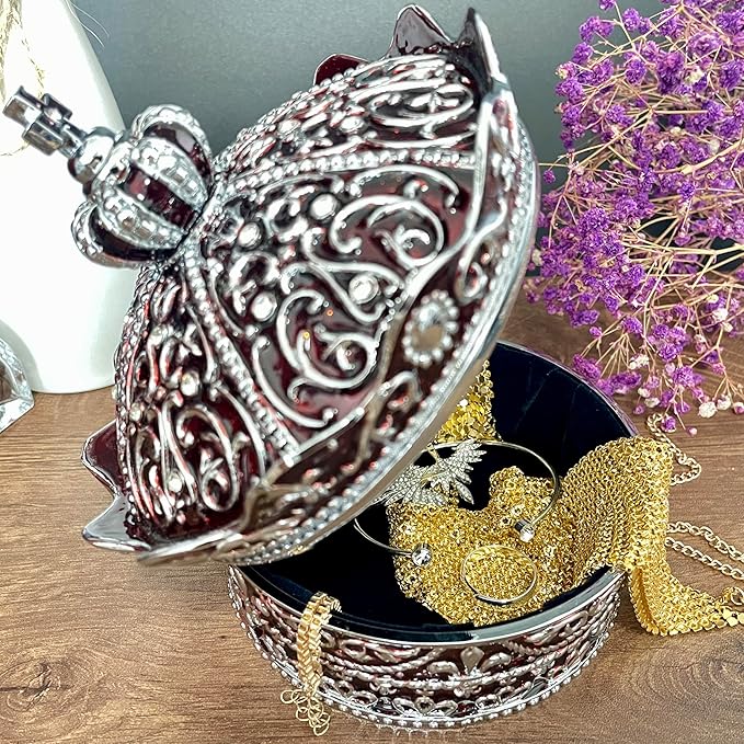 Crown Shape Jewelry Chest, Yurt Style Vintage Metal Gem Box, Round Alloy Retro - Image 3