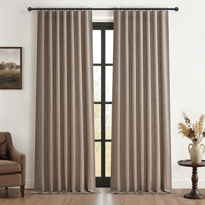 Pleated Dark Flax Brown 100 Inches Long Blackout Linen Dining/Living Room Large by QJMYDECO