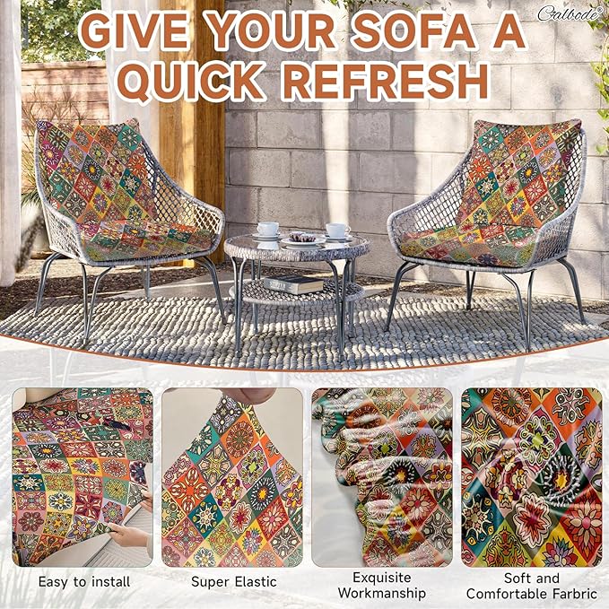 8Pcs Stretch Patio Cushion Cover, Bohemian Colored Geometric Pattern Couch - Image 4