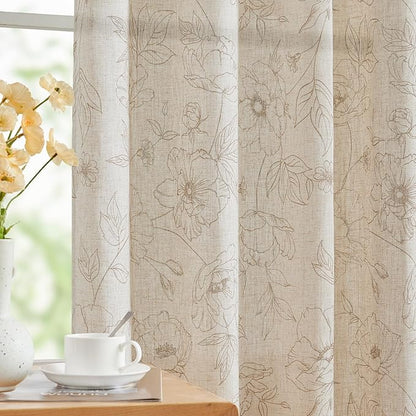 jinchan Floral Linen Curtains for Living Room 63 Inch Length Taupe Flower by JINCHAN