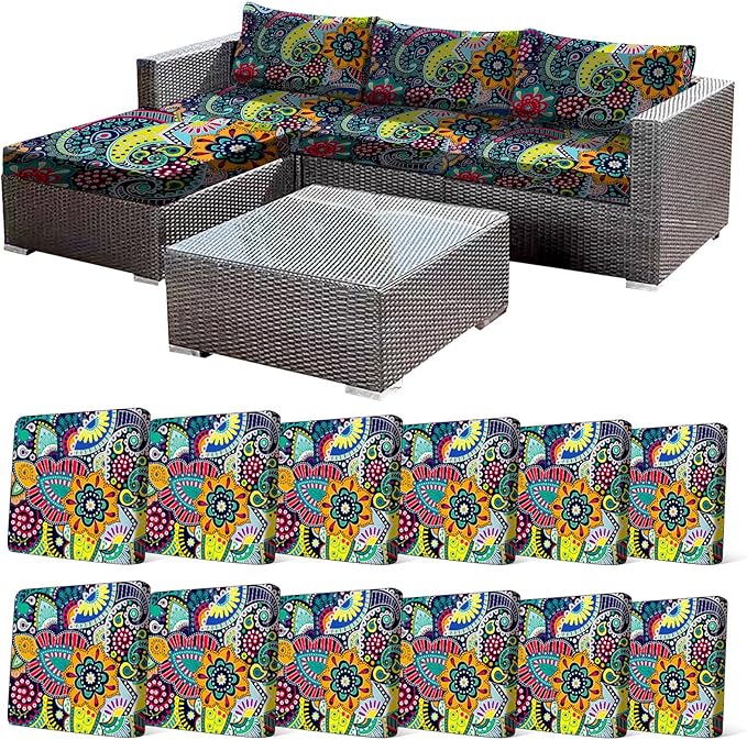12Pcs Stretch Patio Cushion Cover, Boho Floral Couch & Sofa Slipcovers by CALBODE