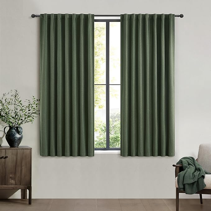 45 Inch Kitchen Curtains Sets for Windows, Faux Linen Blackout Pleated by QJMYDECO
