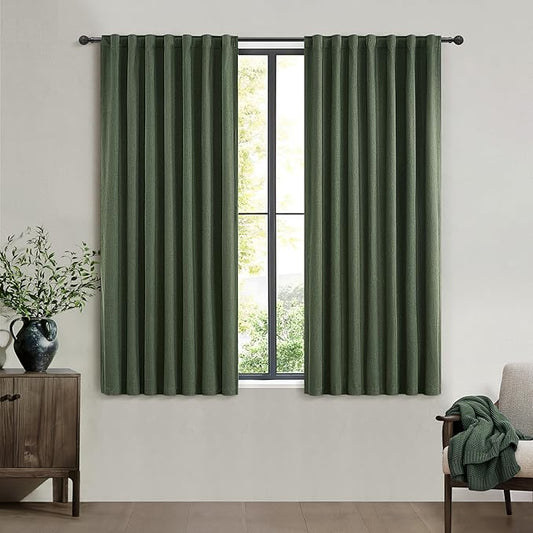 45 Inch Kitchen Curtains Sets for Windows, Faux Linen Blackout Pleated by QJMYDECO