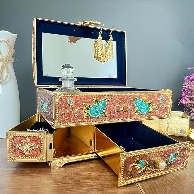 Retro Jewelry Box Arched Vintage Rectangular Metal Chest Necklace Ring Earrings - Image 3