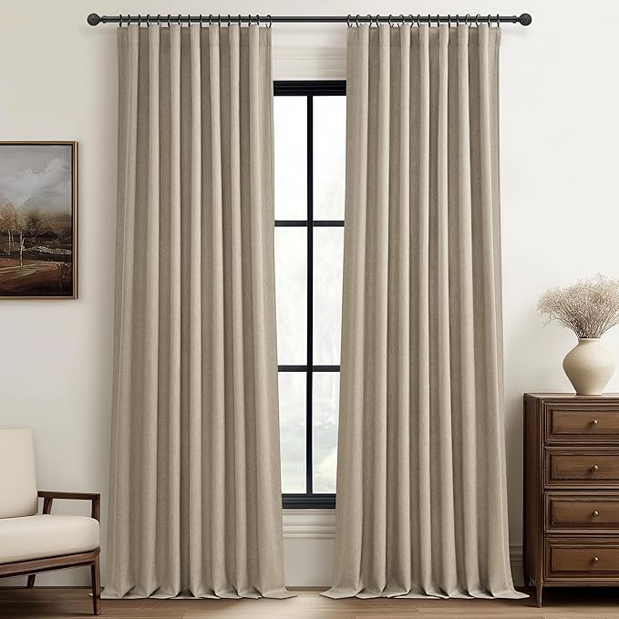 Pleat Linen Blend Room Darkening Extra Long Curtains 132 Inch Length 2 Panels by QJMYDECO