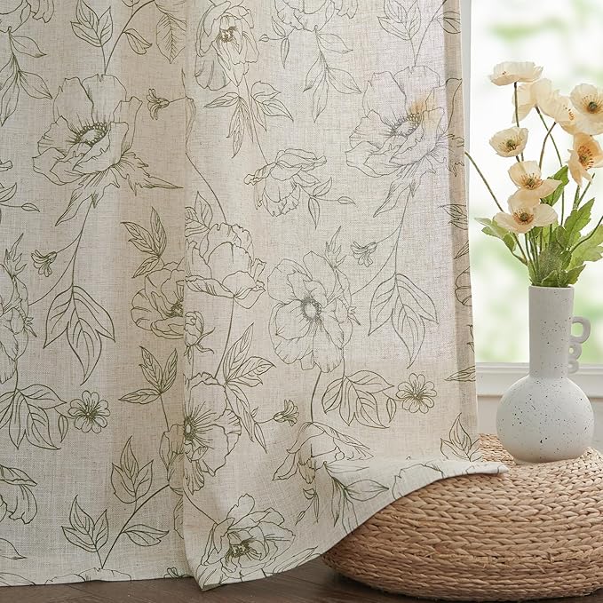 jinchan Floral Linen Curtains for Living Room 84 Inch Length Green Flower - Image 7