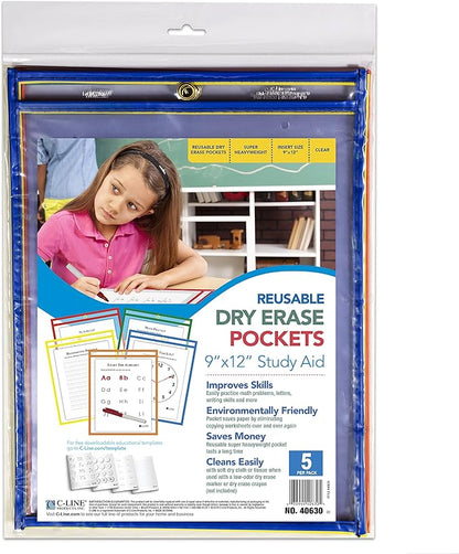 C-Line Reusable Dry Erase Pockets, 9 x 12 Inches, 5 Pockets per Pack - Image 2
