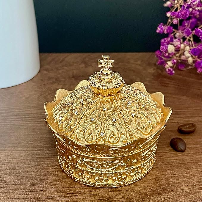 Crown Shape Jewelry Chest, Yurt Style Vintage Metal Gem Box, Round Alloy Retro - Image 2