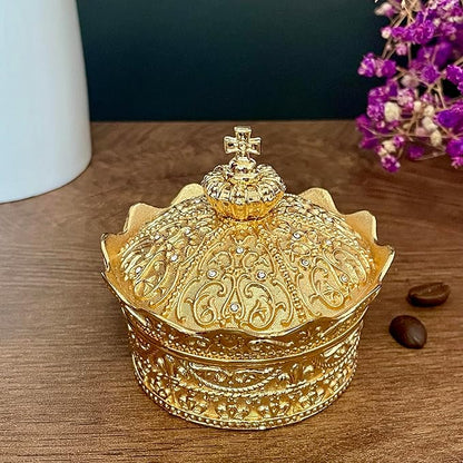 Crown Shape Jewelry Chest, Yurt Style Vintage Metal Gem Box, Round Alloy Retro - Image 2