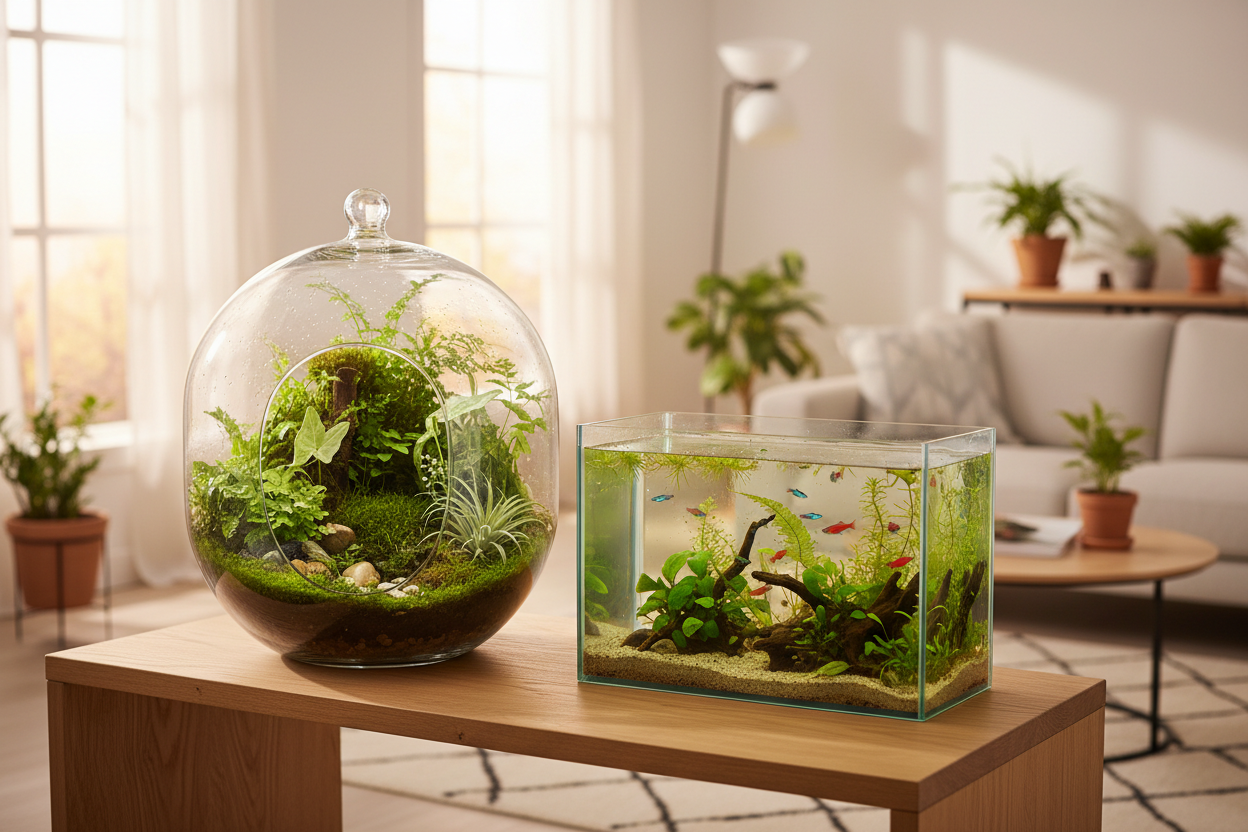 At Terraquarium, we bring nature into your home with stunning terrariums, aquariums, and vivariums. From beginner kits to curated ecosystems, we provide products, guidance, and inspiration to help your plants and creatures thrive—creating beauty, calm, and creativity every day. (make it real photo)
