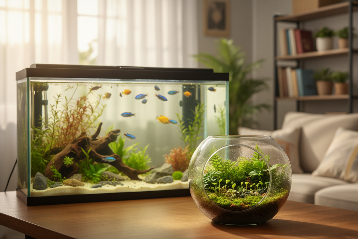 At Terraquarium, we envision a world where everyone can experience the serenity and wonder of a personal, living ecosystem—from a tiny desk terrarium to a vibrant home aquarium. (make it real photo)