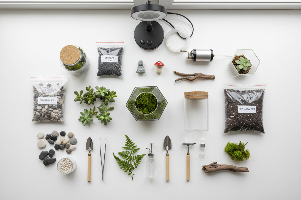 DIY Kits & Accessories 🔧
For creative hobbyists, our DIY kits include everything from starter plants and substrate to tools and décor, making it easy to craft your personal miniature ecosystem. Accessories like lighting, pumps, and decorative elements help your habitats look amazing and thrive. (make it real photo)