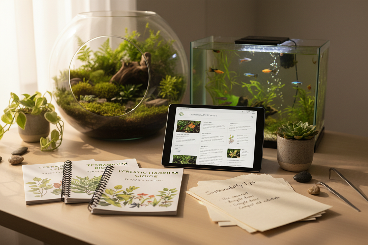 Each product is accompanied by easy-to-follow care guides, tips for sustainability, and expert advice so every terrarium, aquarium, or vivarium you create remains vibrant and healthy. (make it real photo)