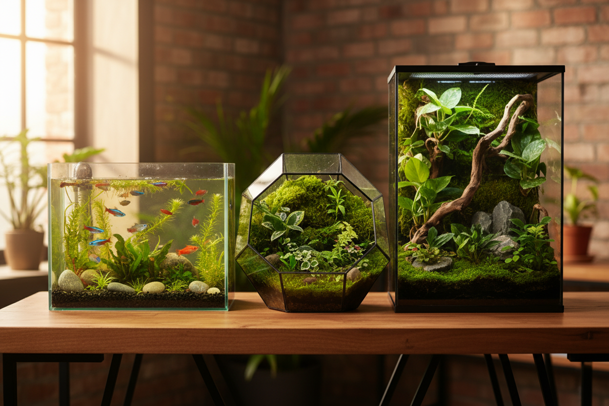 From lush terrariums and vibrant aquariums to thriving vivariums, every product is carefully selected to balance aesthetics, functionality, and the health of your plants and creatures. Whether you’re a seasoned hobbyist, a beginner building your first miniature ecosystem, or searching for a unique gift, Terraquarium provides the tools, guidance, and inspiration to help every habitat flourish. (make it real photo)