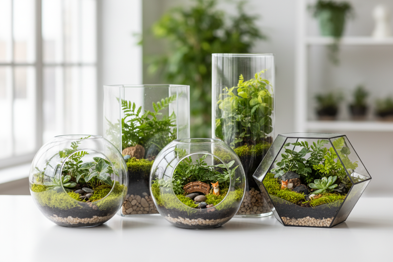Terrariums 🌿
Our terrariums are self-contained glass habitats perfect for showcasing plants, mosses, and tiny decorations. Ideal for beginners or seasoned hobbyists, each terrarium is designed for easy care, durability, and aesthetic appeal, turning any space into a calming natural retreat. (make it real photo)